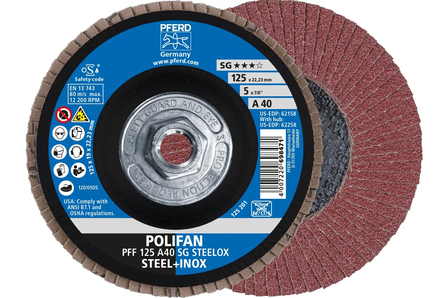 Picture of Pferd Flap Disc, 5" x 5/8-11, A SG Steelox, 40 Grit, T27, Flat, Aluminum oxide